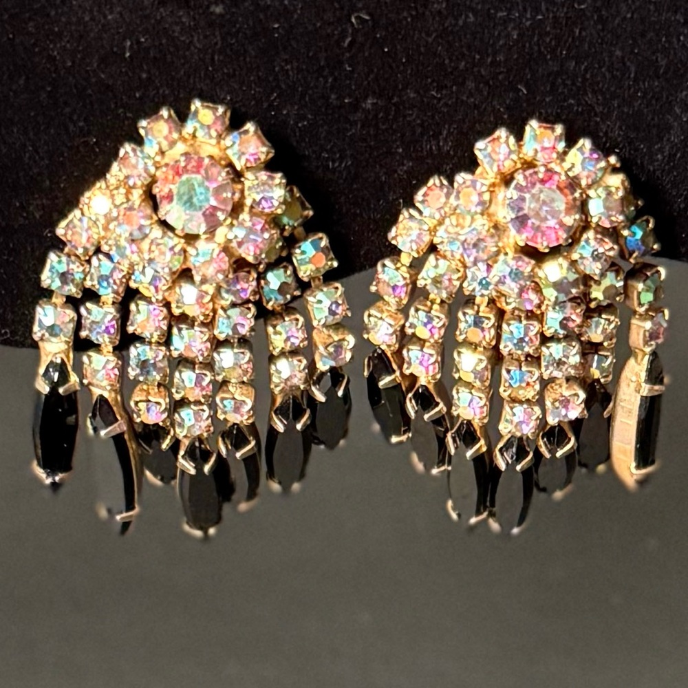 vtg AB Jet Black Rhinestone Earrings